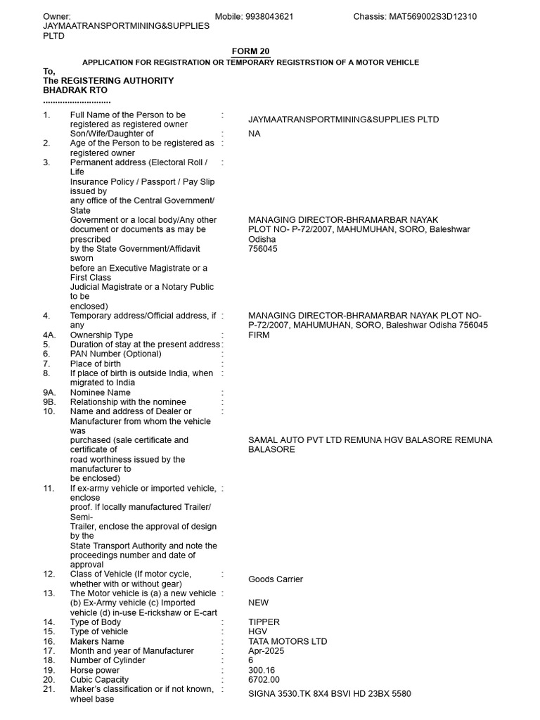 Bhadrak RTO Vehicle Registration Form | PDF | Semi Trailer Truck | Axle