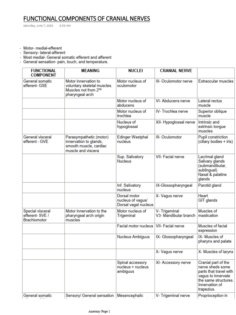 Functional Components of Cranial Nerves | PDF | Primate Anatomy | Human ...