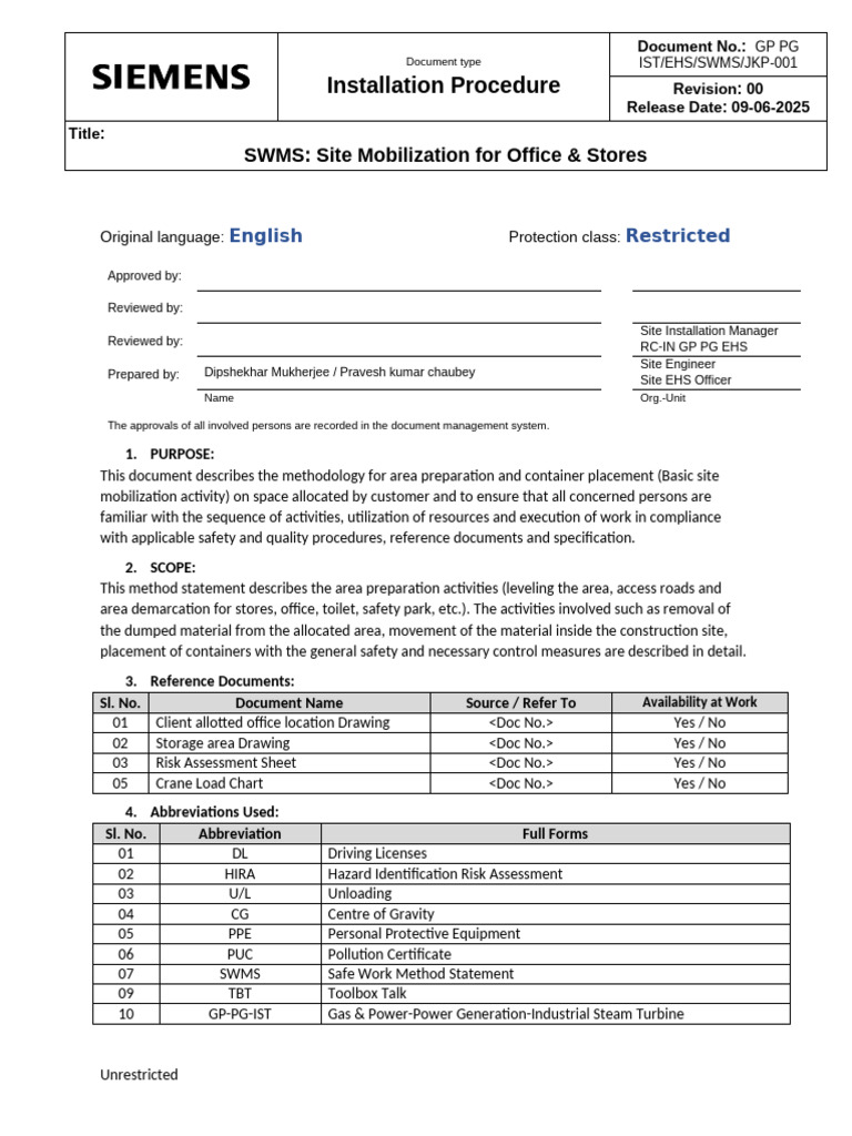 Site Mobilization SWMS for Offices | PDF