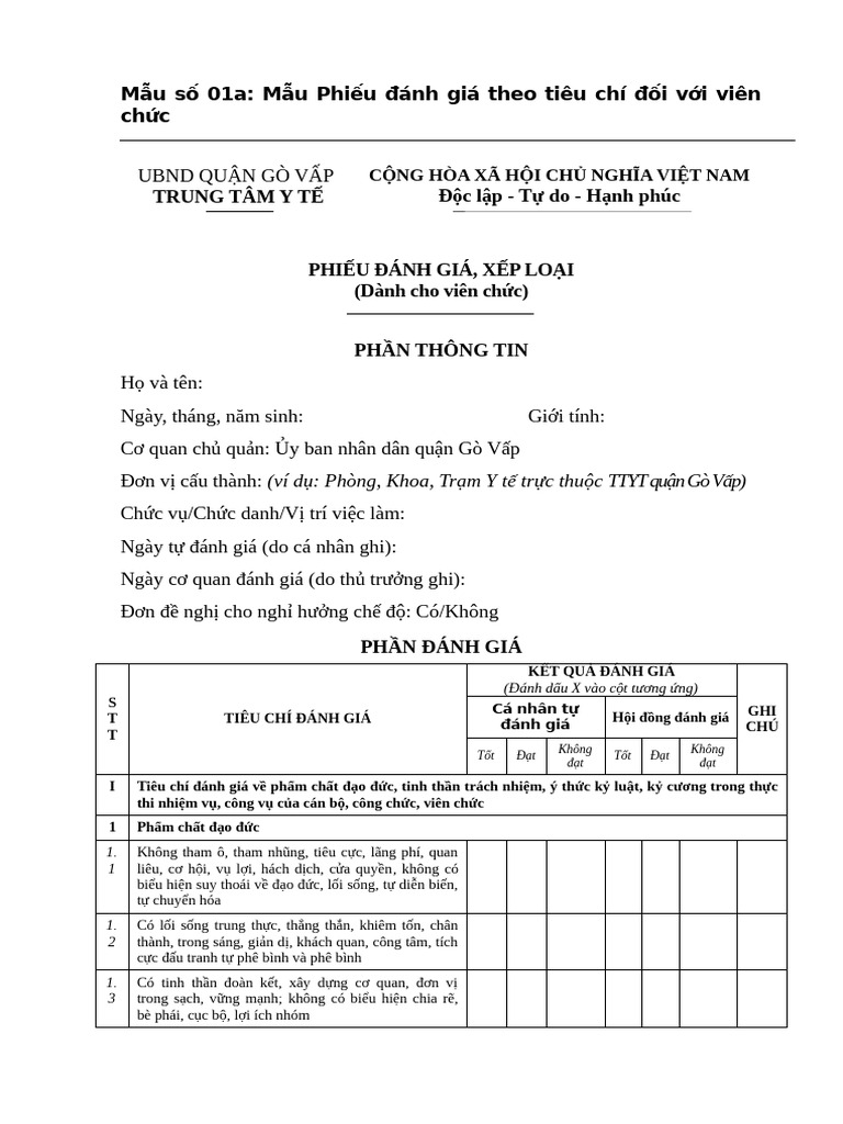 Mẫu Số 01a Mẫu Phiếu Đánh Giá Đối Với Viên Chức | PDF