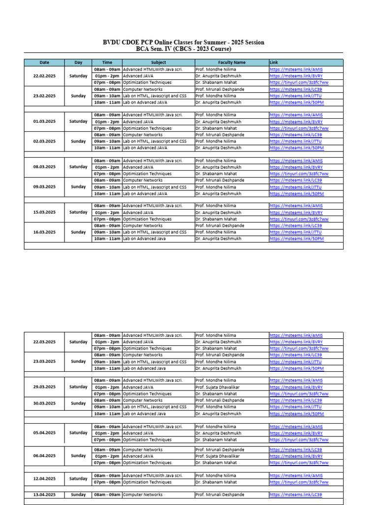 BCA Sem IV Online Class Schedule 2025 | PDF | World Wide Web | Internet ...