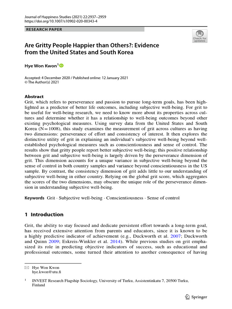 Are Gritty People Happier Than Others-Evidence From The United States ...