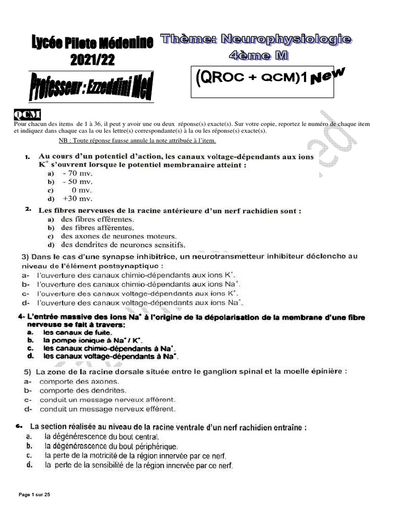 QCM et QROC en Neurophysiologie | PDF | Synapse | Neurone