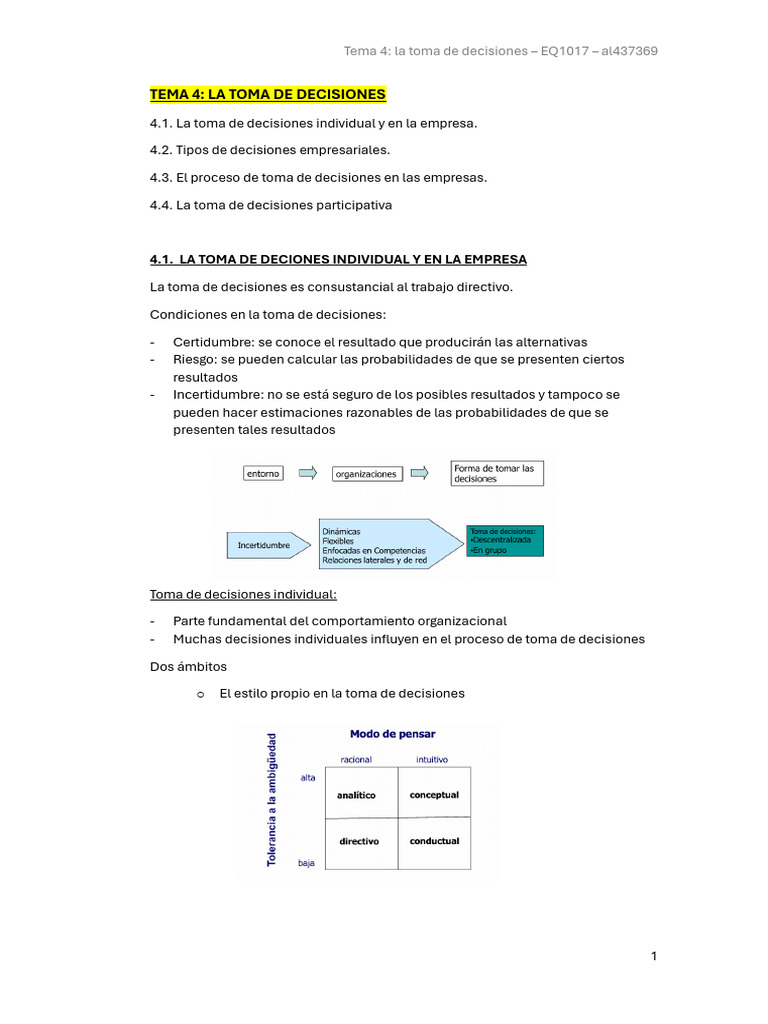 Tema 4. La Toma de Decisiones - EQ1017 | PDF | Toma de decisiones ...