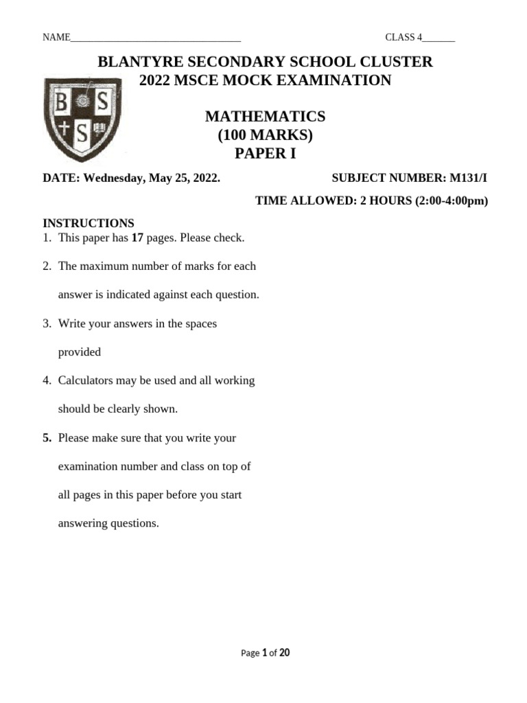 2022 MSCE Mock Exam: Mathematics Paper I | PDF | Numbers | Mathematics