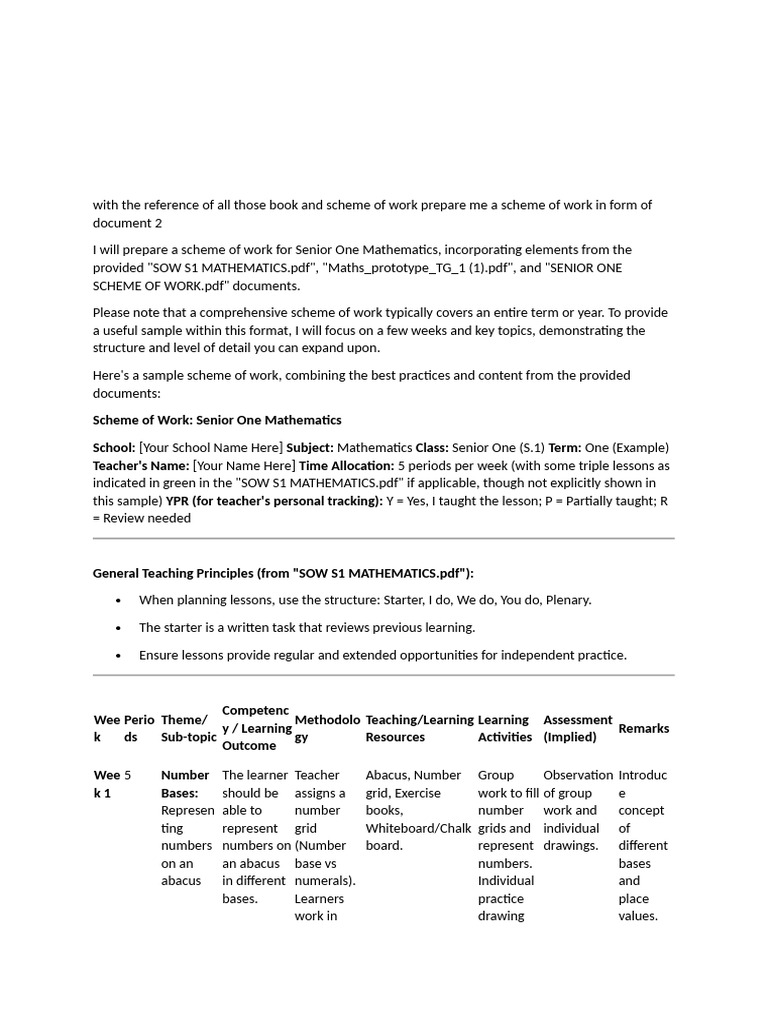 Senior One Mathematics Scheme of Work | PDF | Shape | Decimal