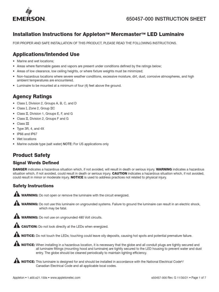 Instruction Sheet Mercmaster Led Series Luminaires - Appleton | PDF ...