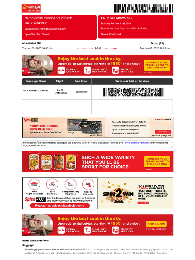 SpiceJet - E-Ticket - 03 Jun 2025 Ahmedabad-Dubai | PDF | Credit Card ...