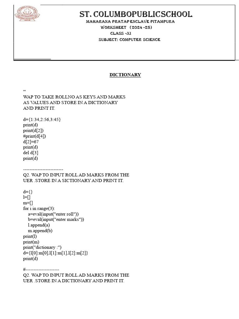 Dictionay Worksheet CS 11 | PDF | Computer Programming | Algorithms And ...