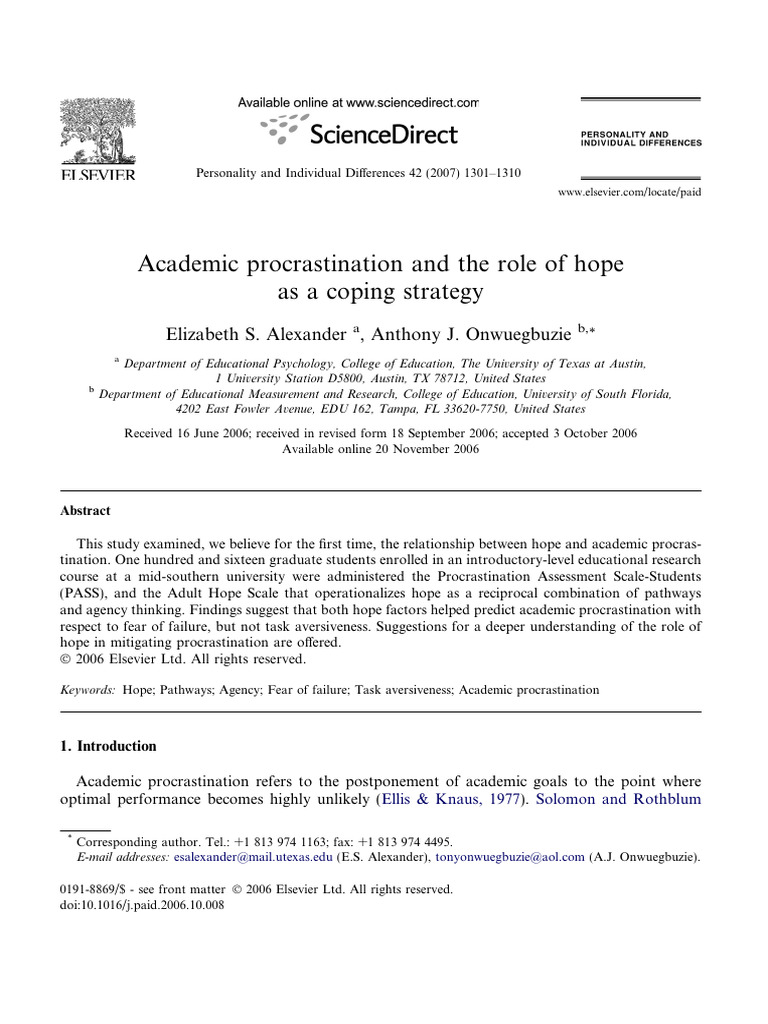 Hope's Impact on Academic Procrastination | PDF | Procrastination ...