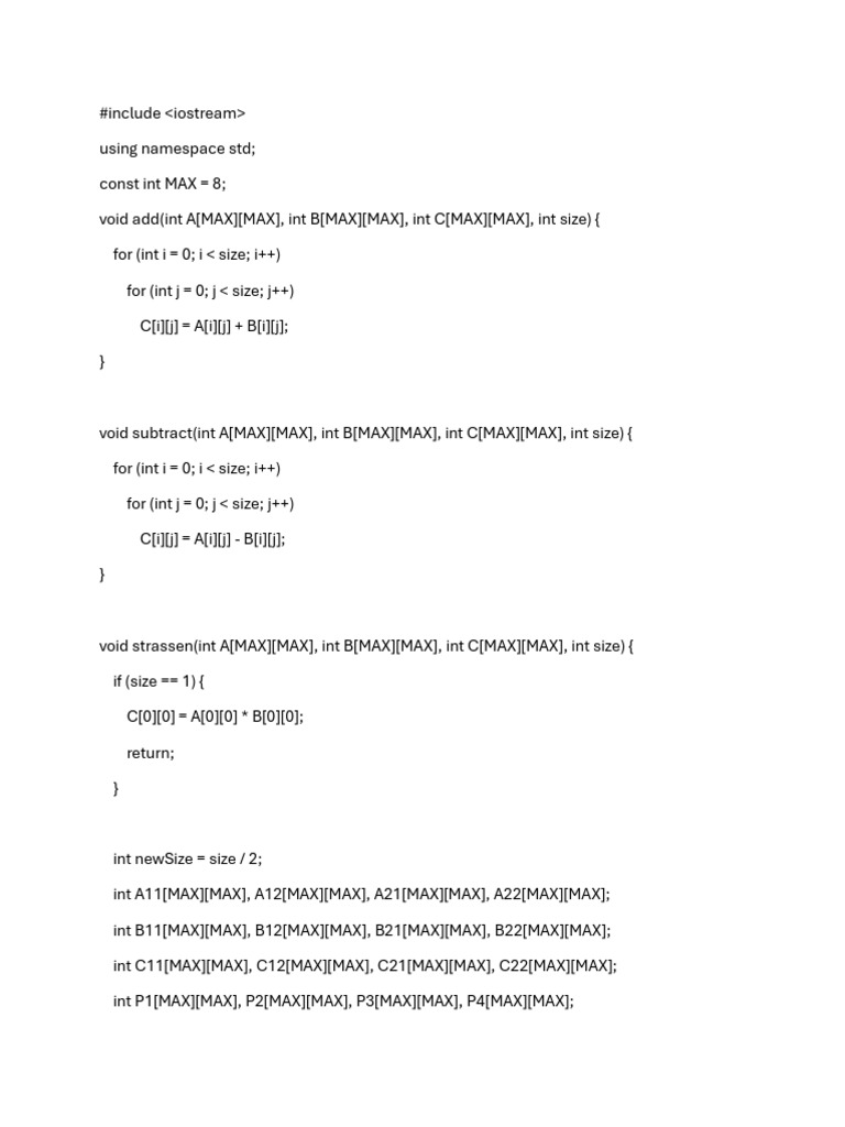Strassen's Algorithm for Matrix Multiplication | PDF | Computer ...