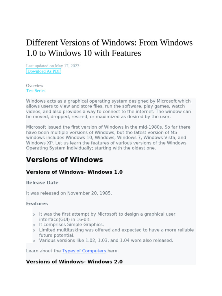 Overview of Windows Versions and Features | PDF | Microsoft Windows ...