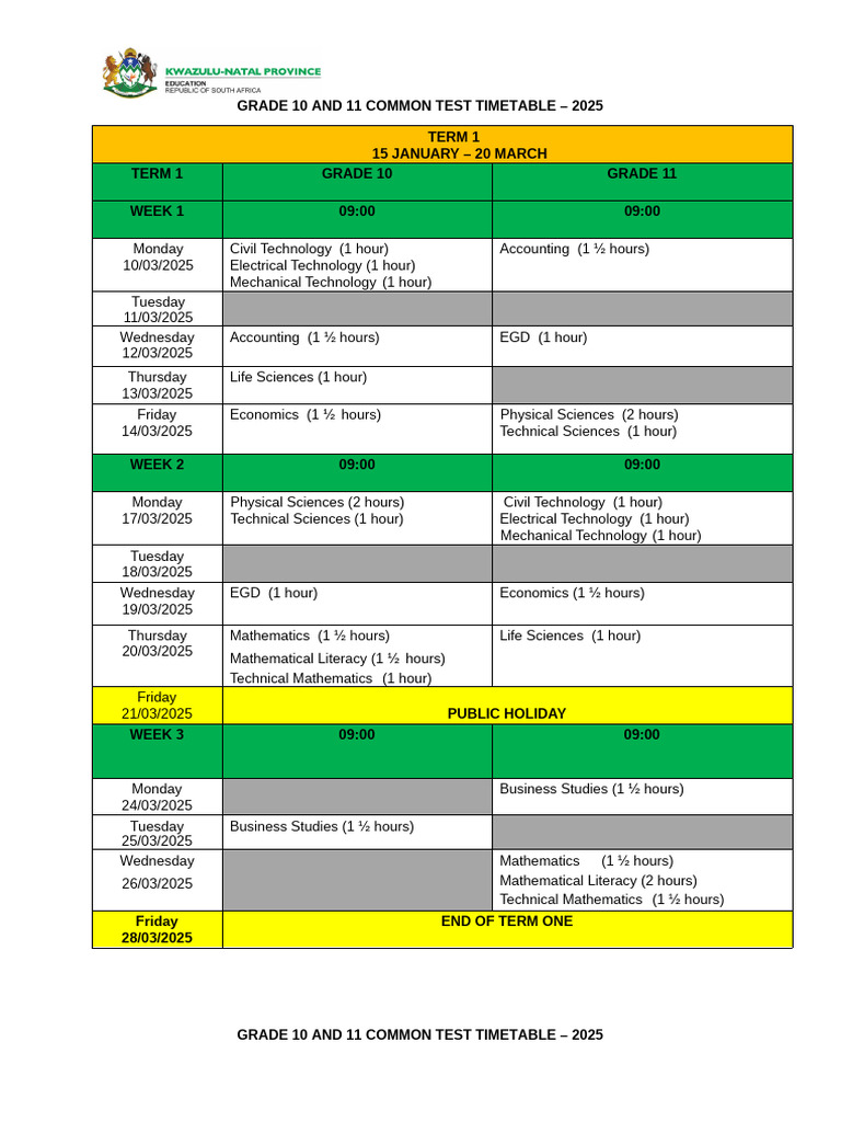 2025 Grade 10-11 Common Test Schedule | PDF | Science
