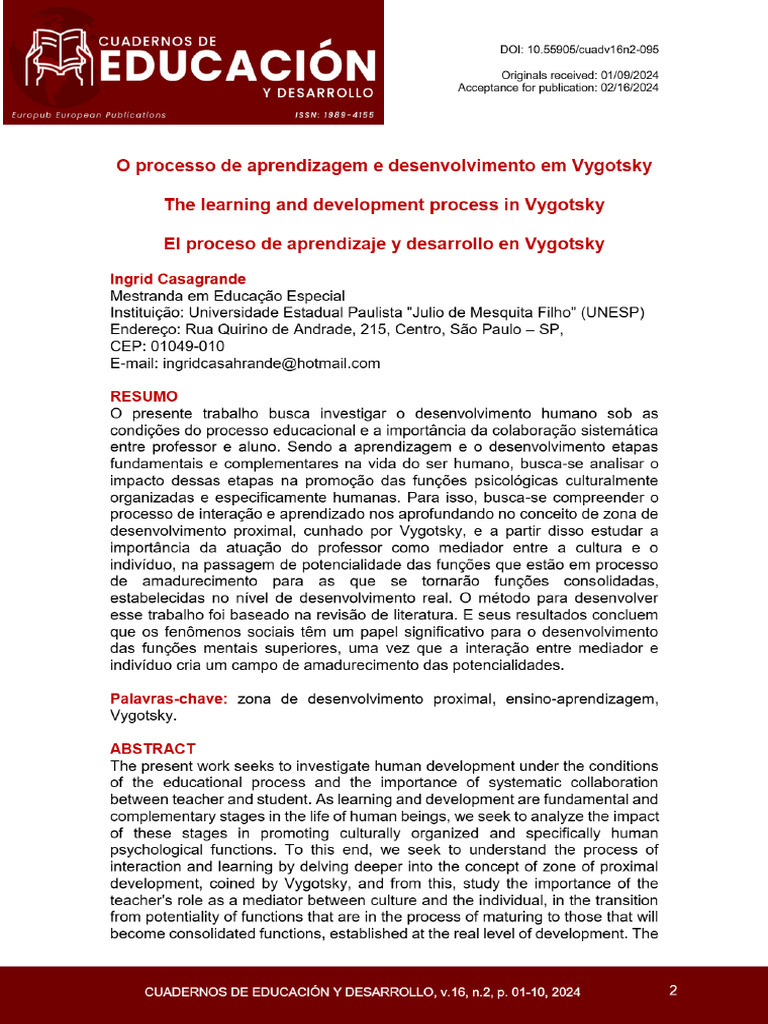 Artigo - O Processo de Aprendizagem e Desenvolvimento em Vygotsky | PDF