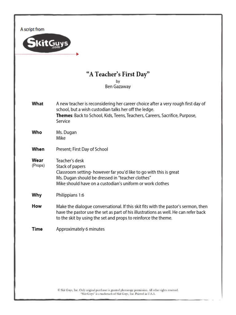 Teacher's First Day Skit Script | PDF