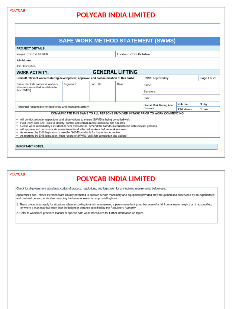 Safe Work Methode Statement - General Lifting | PDF | Personal ...