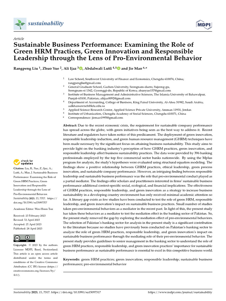 Green HRM and Sustainable Business Performance | PDF | Sustainability ...
