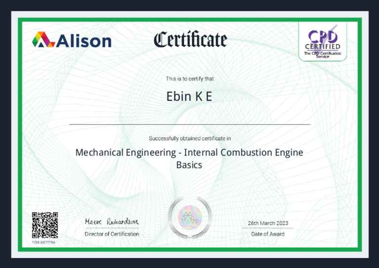 Alison Certificate Mechanical Engineering Internal Combustion Engine ...