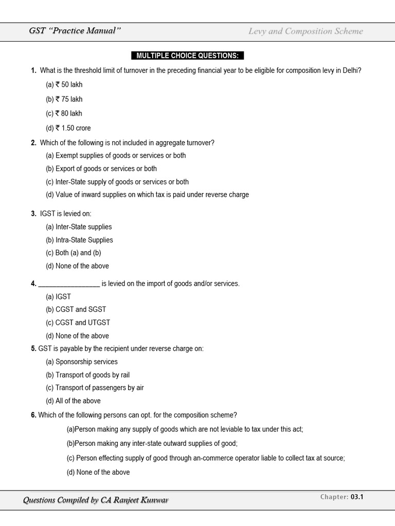 GST Composition Scheme MCQs and Answers | PDF | Value Added Tax | Taxes