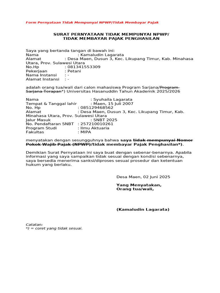 Surat Pernyataan Tanpa NPWP 2025 | PDF