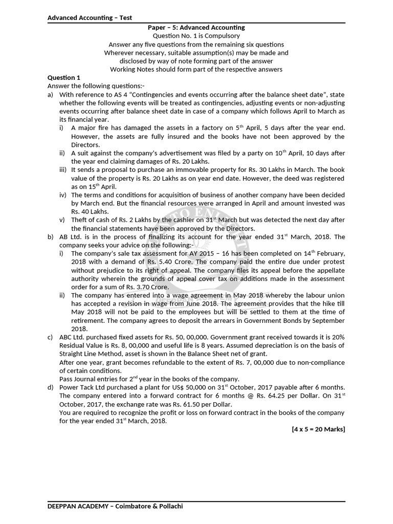 Advanced Accounting Test Paper 2018 | PDF | Equity (Finance) | Balance ...