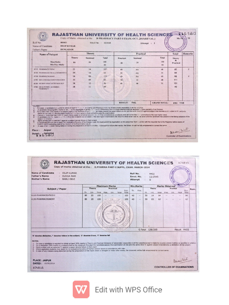 Dilip D Pharmacy 1&2 Year Marksheet | PDF