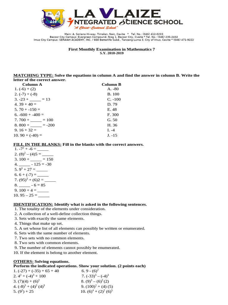1st Monthly Math 7,8,9,10 | PDF | Summation | Arithmetic