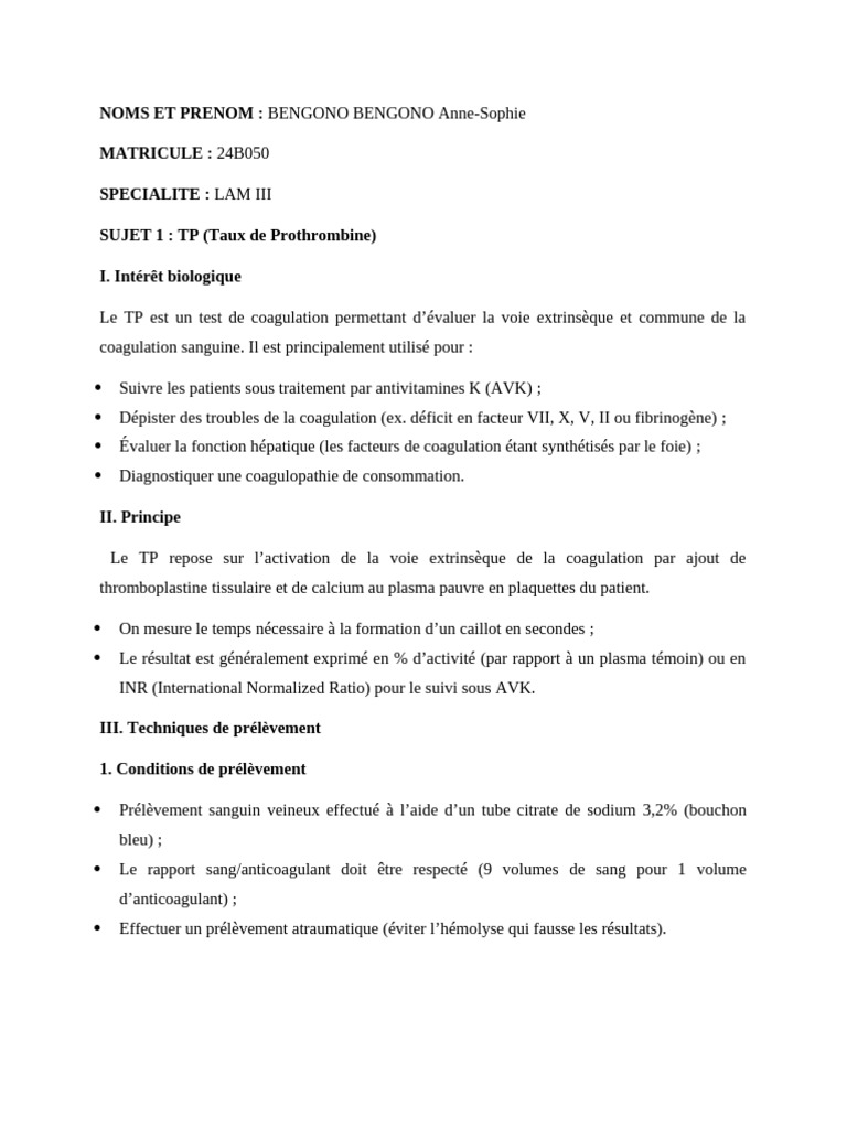 TP et TCA : Tests de Coagulation Sanguine | PDF | Sang | Spécialités ...