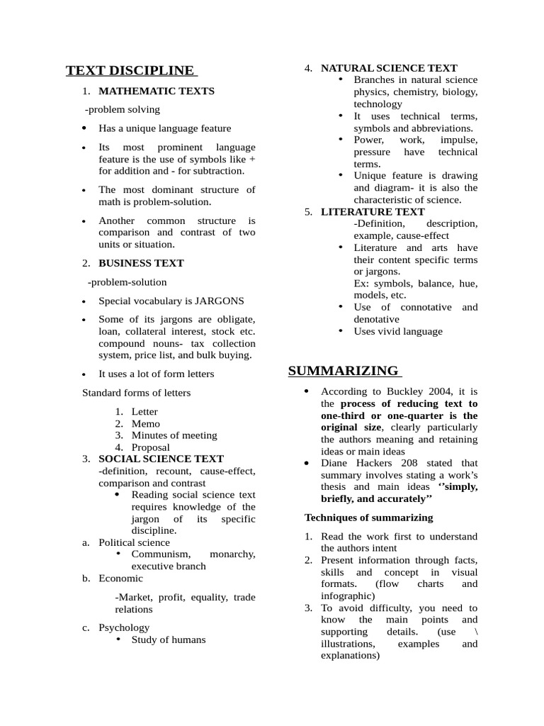 Text Types and Summarizing Techniques | PDF | Science | Thesis