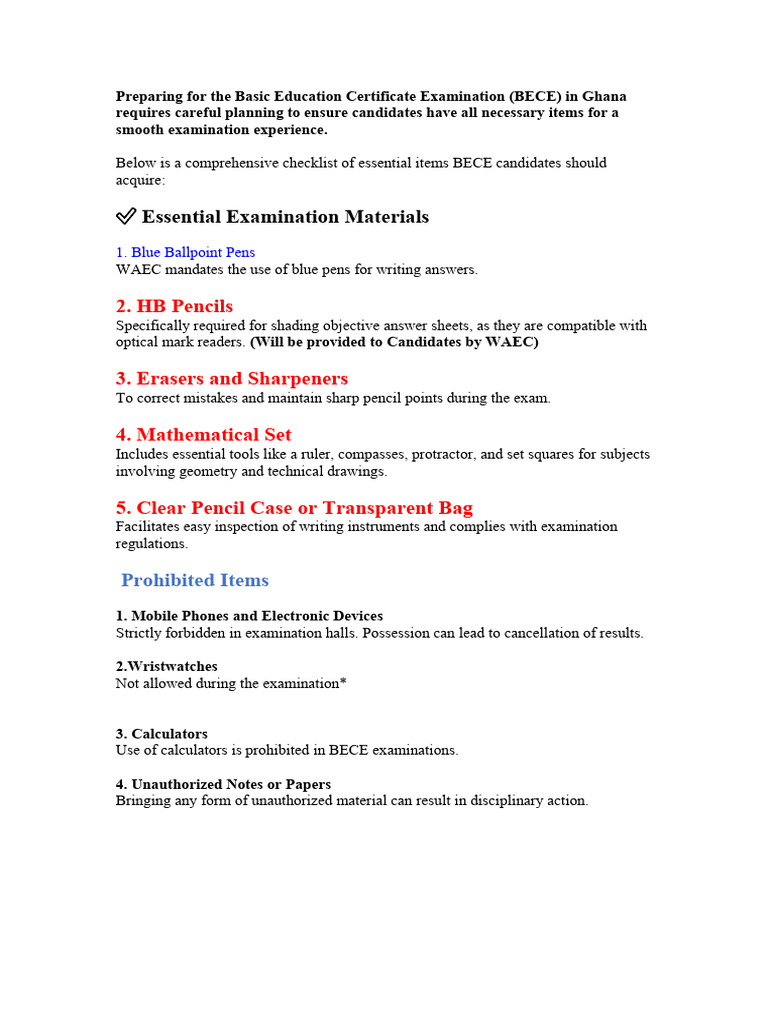 BECE Exam Preparation Checklist | PDF