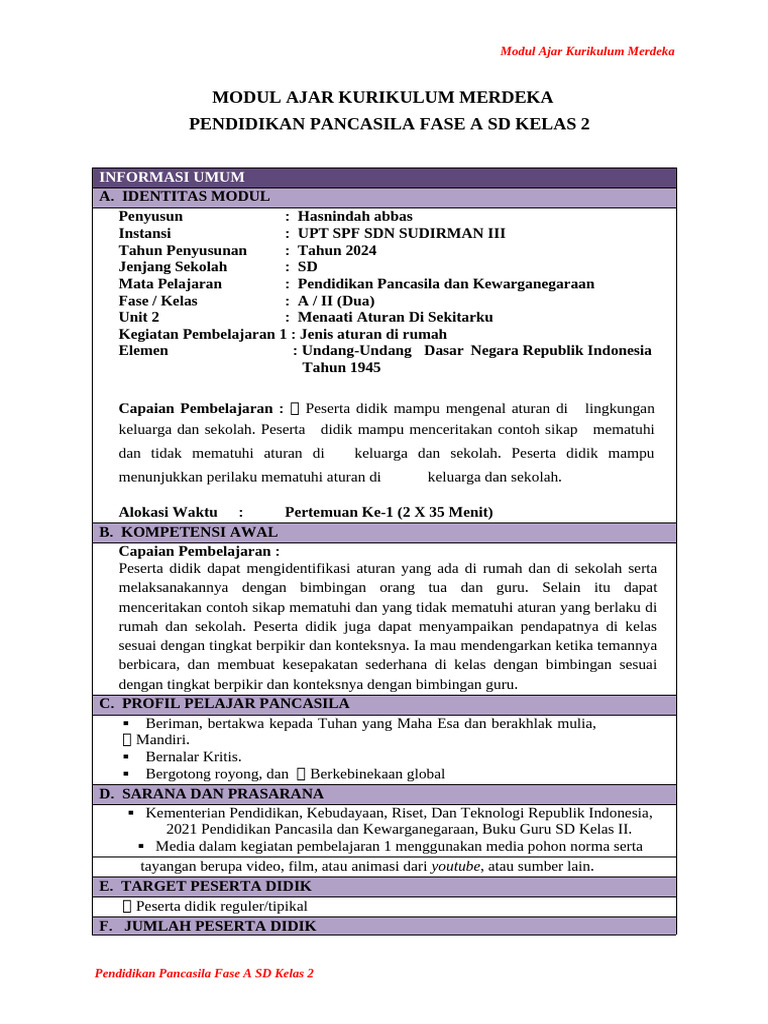 Modul Ajar Pancasila SD Kelas 2 | PDF