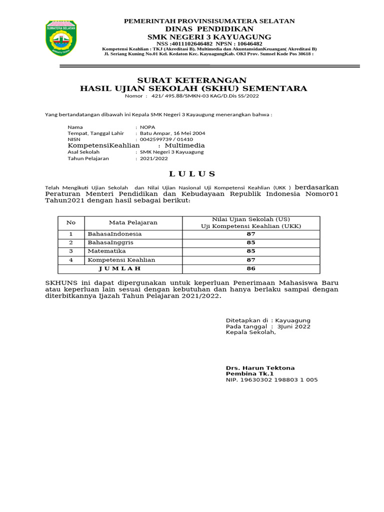 SKHUN SMK Negeri 3 Kayuagung 2022 | PDF