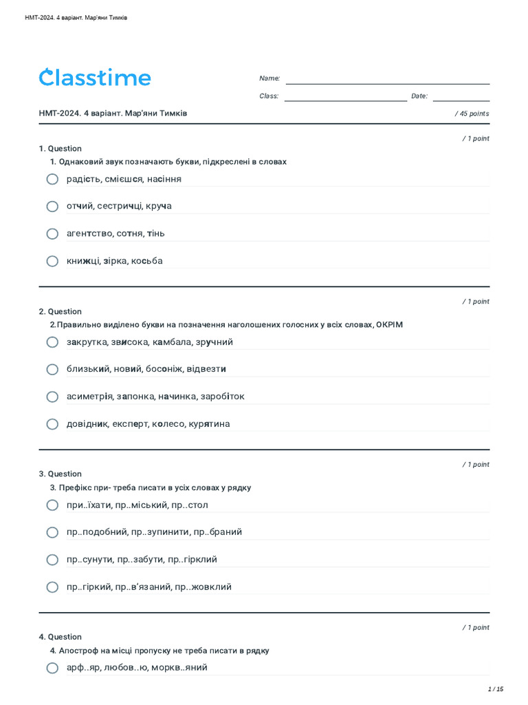 Name: Class: Date: / 45 Points / 1 Point | PDF