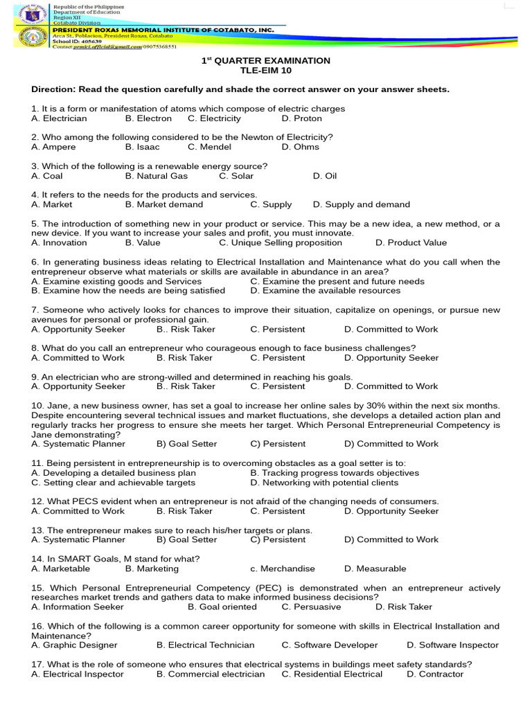TLE 10 1st QUARTER EXAMINATION | PDF | Wire | Drill