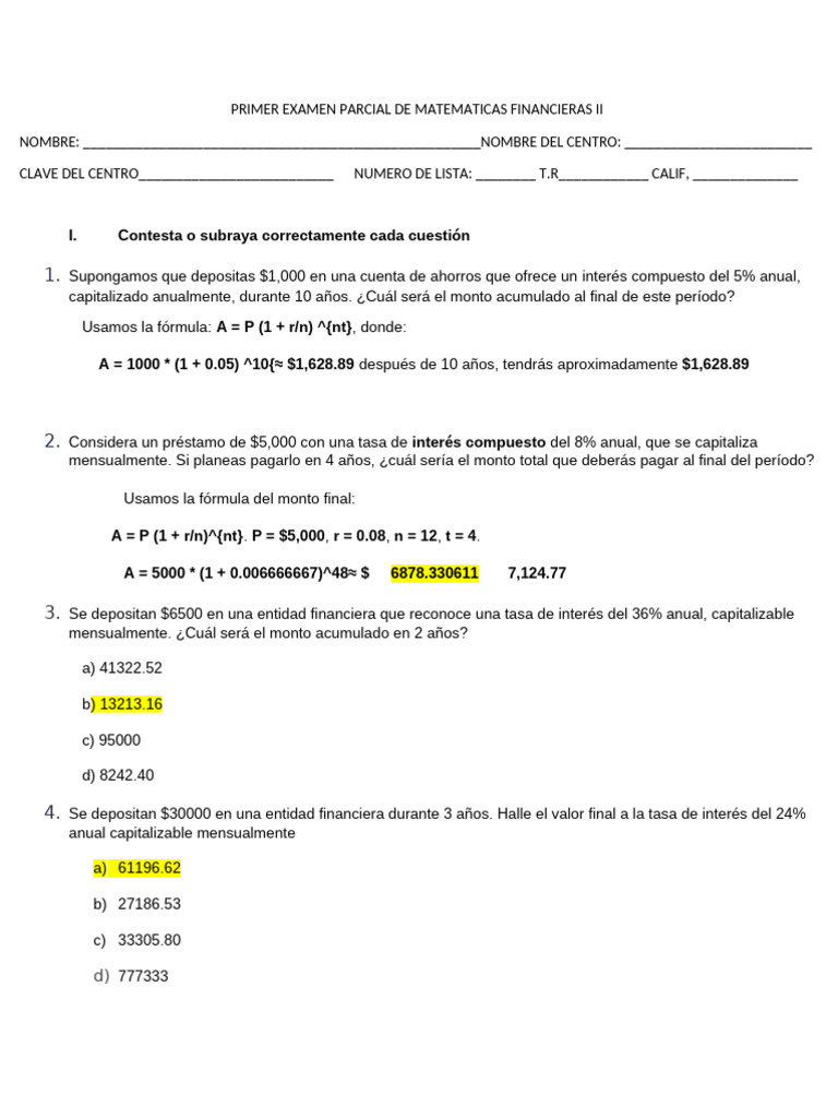 Examen Parcial de Matemáticas Financieras | PDF | Interés | Interés ...
