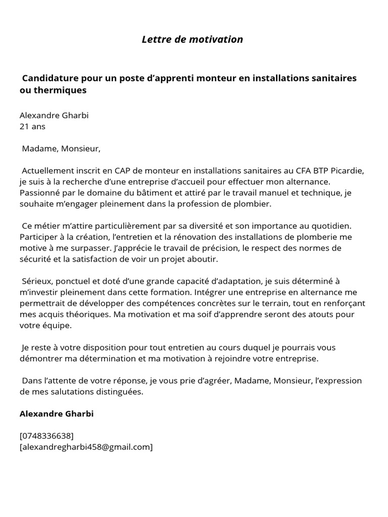 Lettre de motivation pour apprentissage CFA PDF — free download