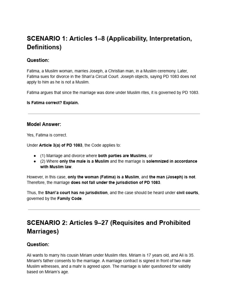 PD 1083: Key Marriage Scenarios | PDF | Marriage | Husband