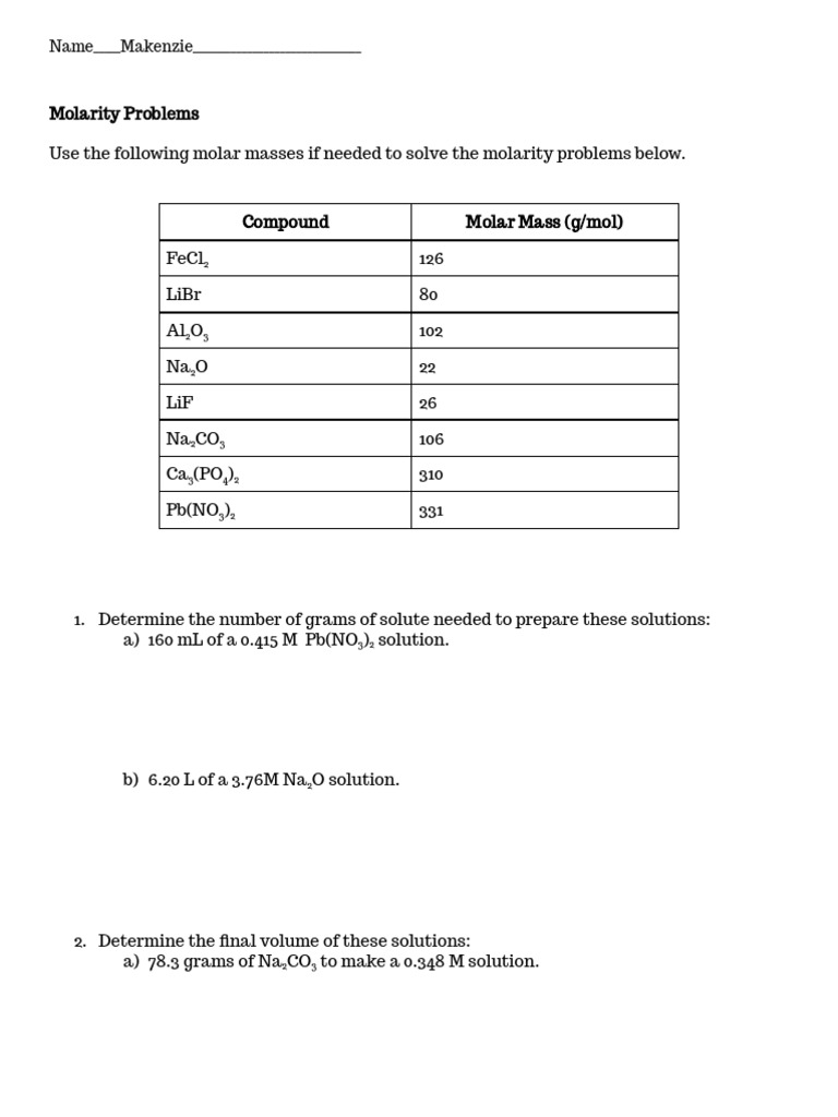 Molarity Problems and Solutions Guide | PDF