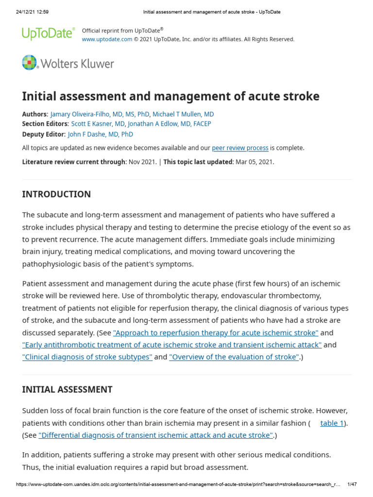 Acute Stroke Assessment and Management | PDF | Stroke | Ischemia