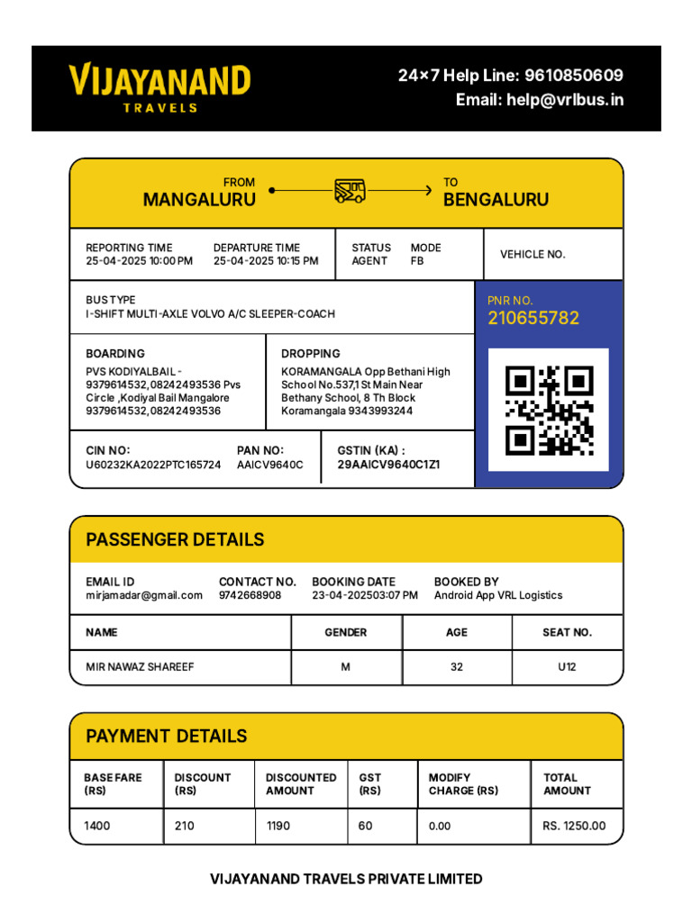 VRL Bus Ticket Booking Details | PDF