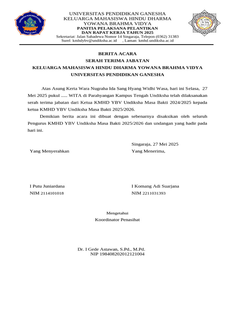 Serah Terima Jabatan KMHD YBV 2025 | PDF