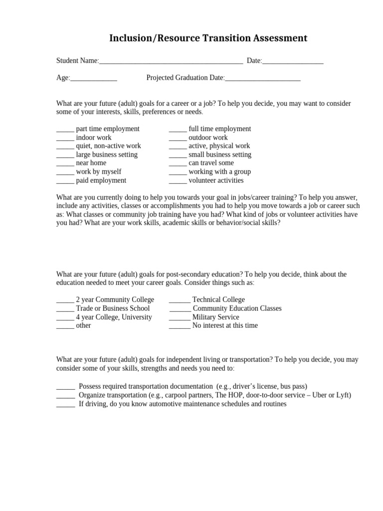 Transition Assessment for Student Goals | PDF