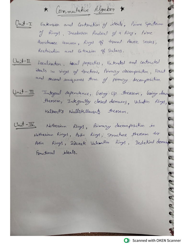 Commutative Algebra Class Notes 2024 | PDF