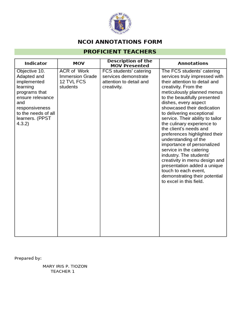 NCOI Review: FCS Catering Program Insights | PDF