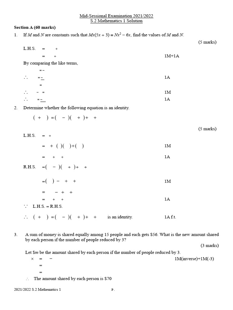 S.2 Math 2122 Mid-Session Exam Solutions | PDF | Equations | Area