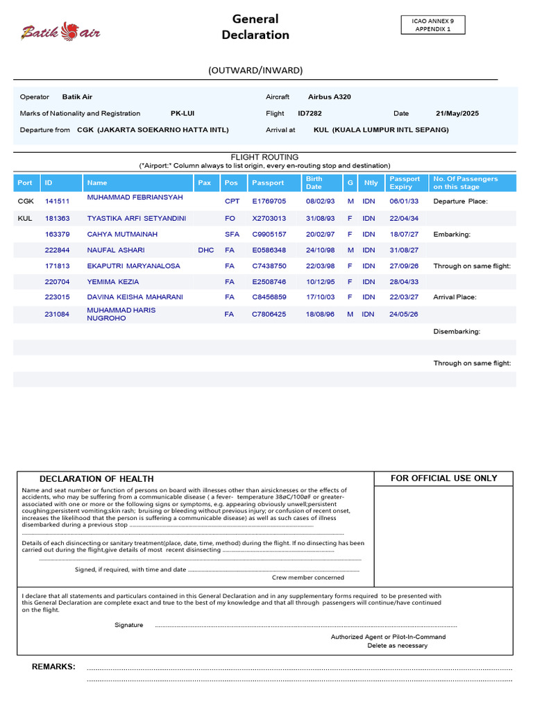 Batik Air Flight ID7282 Health Declaration | PDF | Aviation | Aviation ...