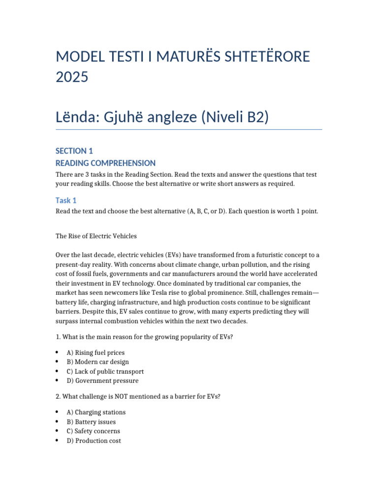 Model Testi Maturës 2025: Anglisht B2 | PDF | Electric Vehicle | Car