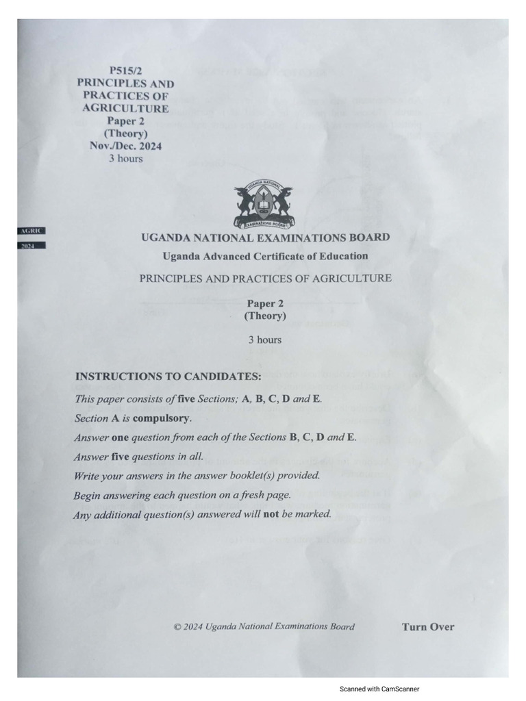 Agriculture UNEB P515 2024 | PDF