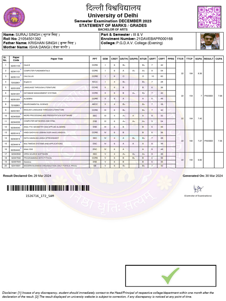 University of Delhi: Semester Examination DECEMBER 2023 Statement of ...