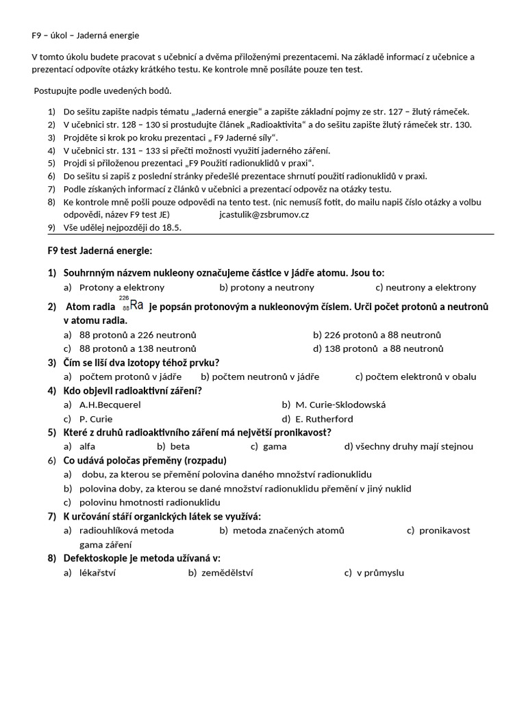 Fyzika 9A 9B Úkol Jaderná Energie | PDF